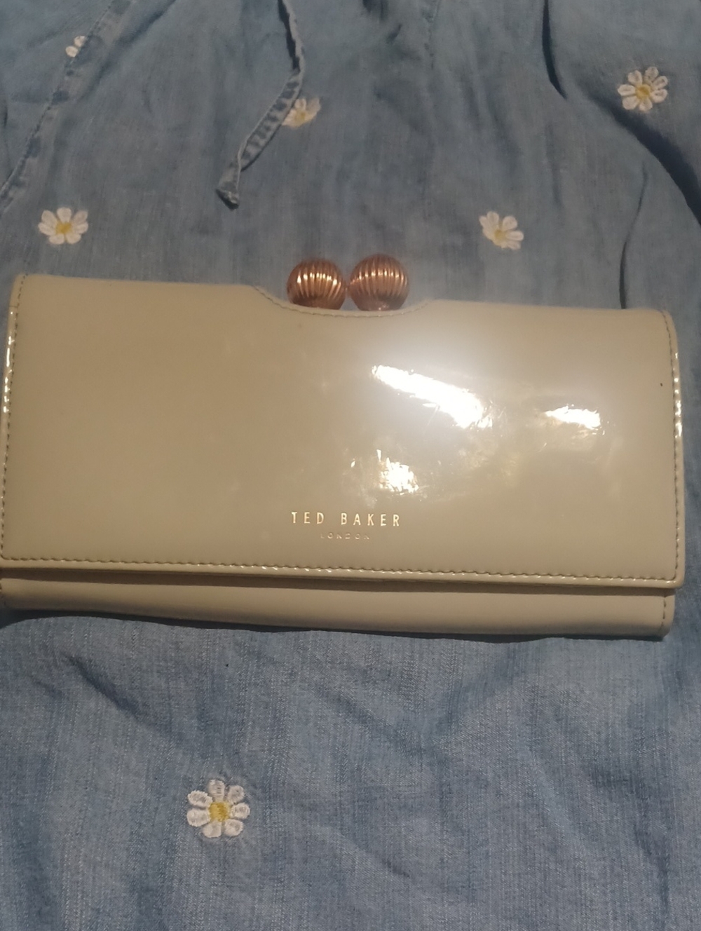 Ted Baker Cream Patent Clutch Wallet with Gold Ball Kiss-Lock